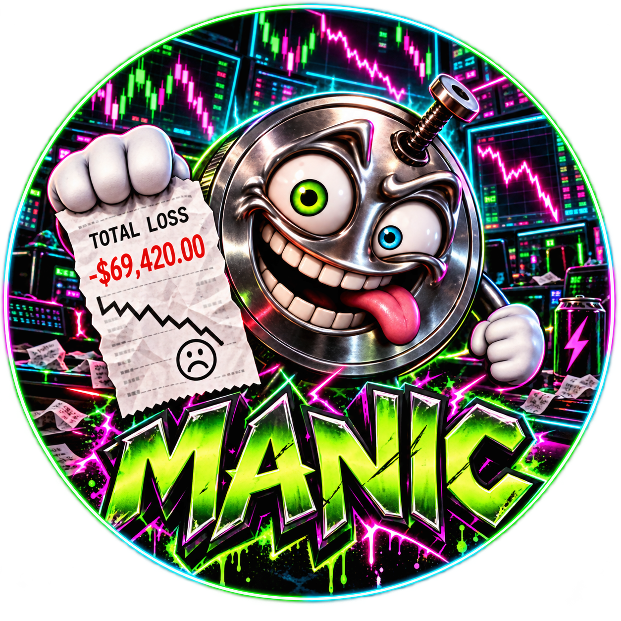 The chrome MANIC coin mascot holding a trading-loss receipt in a chaotic trading room
